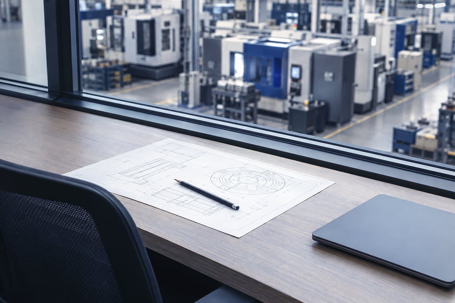 A desk with an engineering drawing and a pencil by an internal window over a machine shop floor