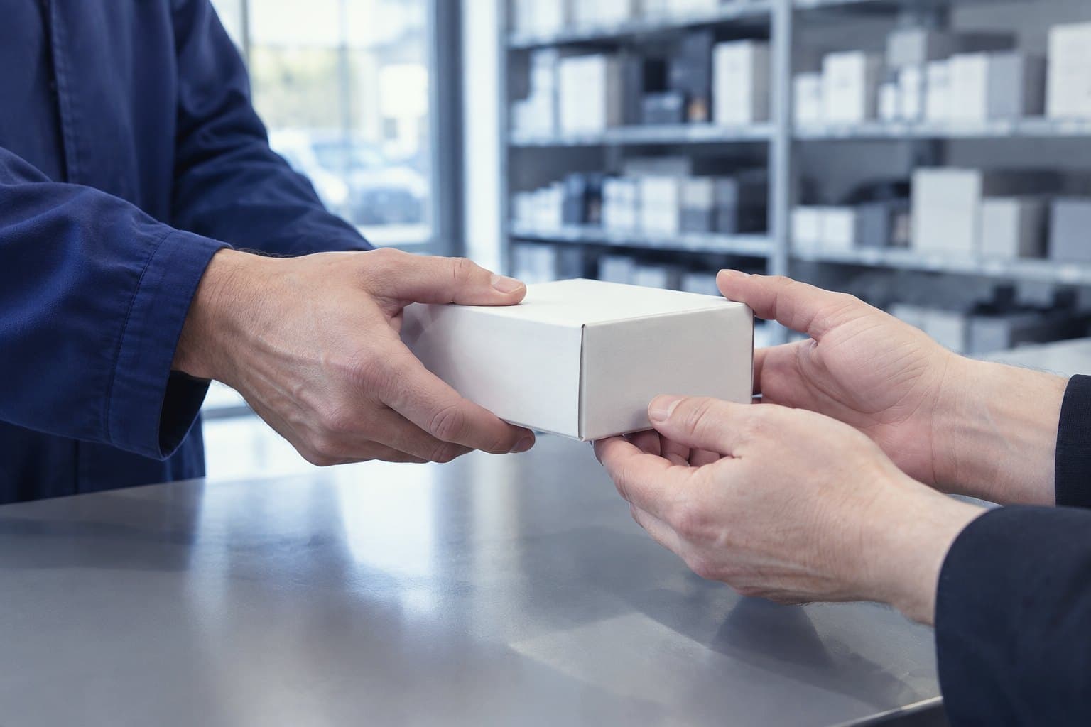 Hands passing a small white box of cutting tools across a trade counter