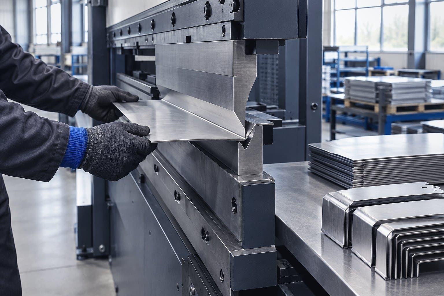 Gloved hands feeding a steel sheet into a press brake, bent parts stacked on the bench