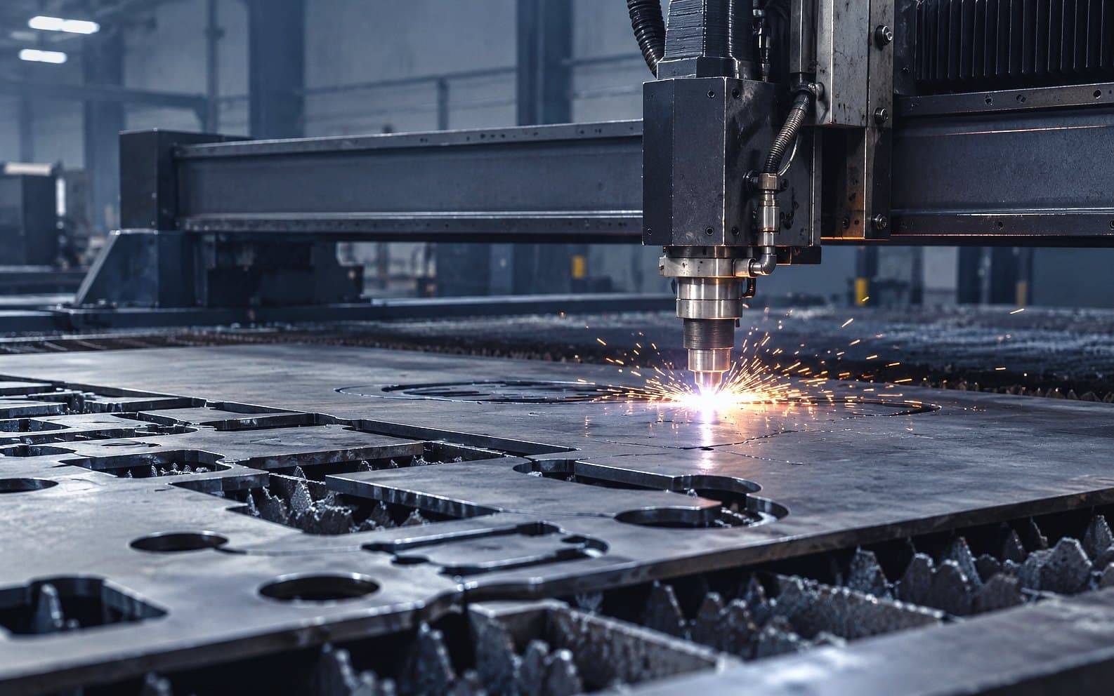 A CNC plasma torch cutting steel plate, sparks under the torch and cut parts lying in the nest