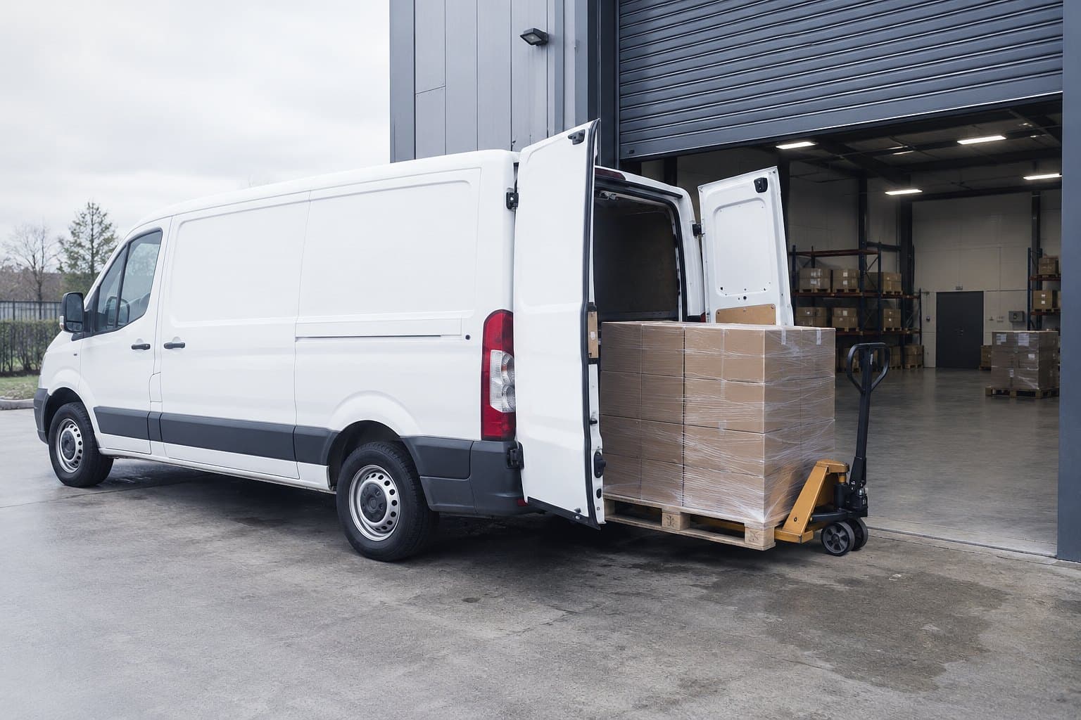 A white panel van with its rear doors open at a goods out door, a wrapped pallet on a pallet truck