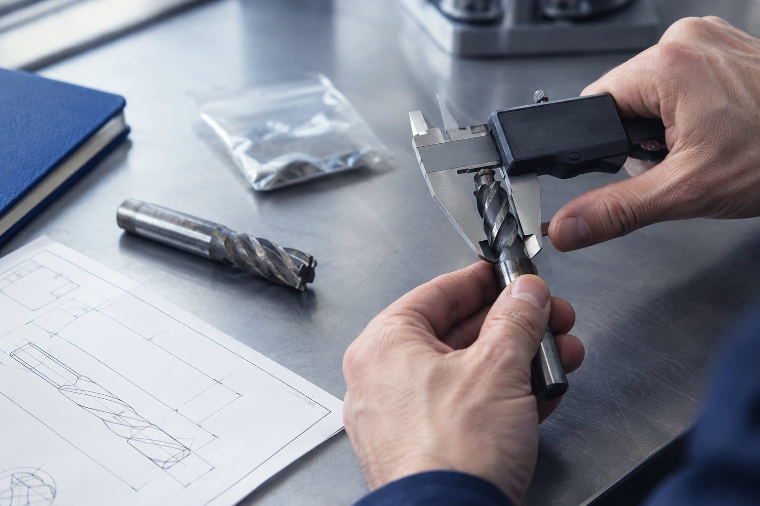 Hands measuring a worn carbide end mill with a digital caliper on a steel desk beside a drawing