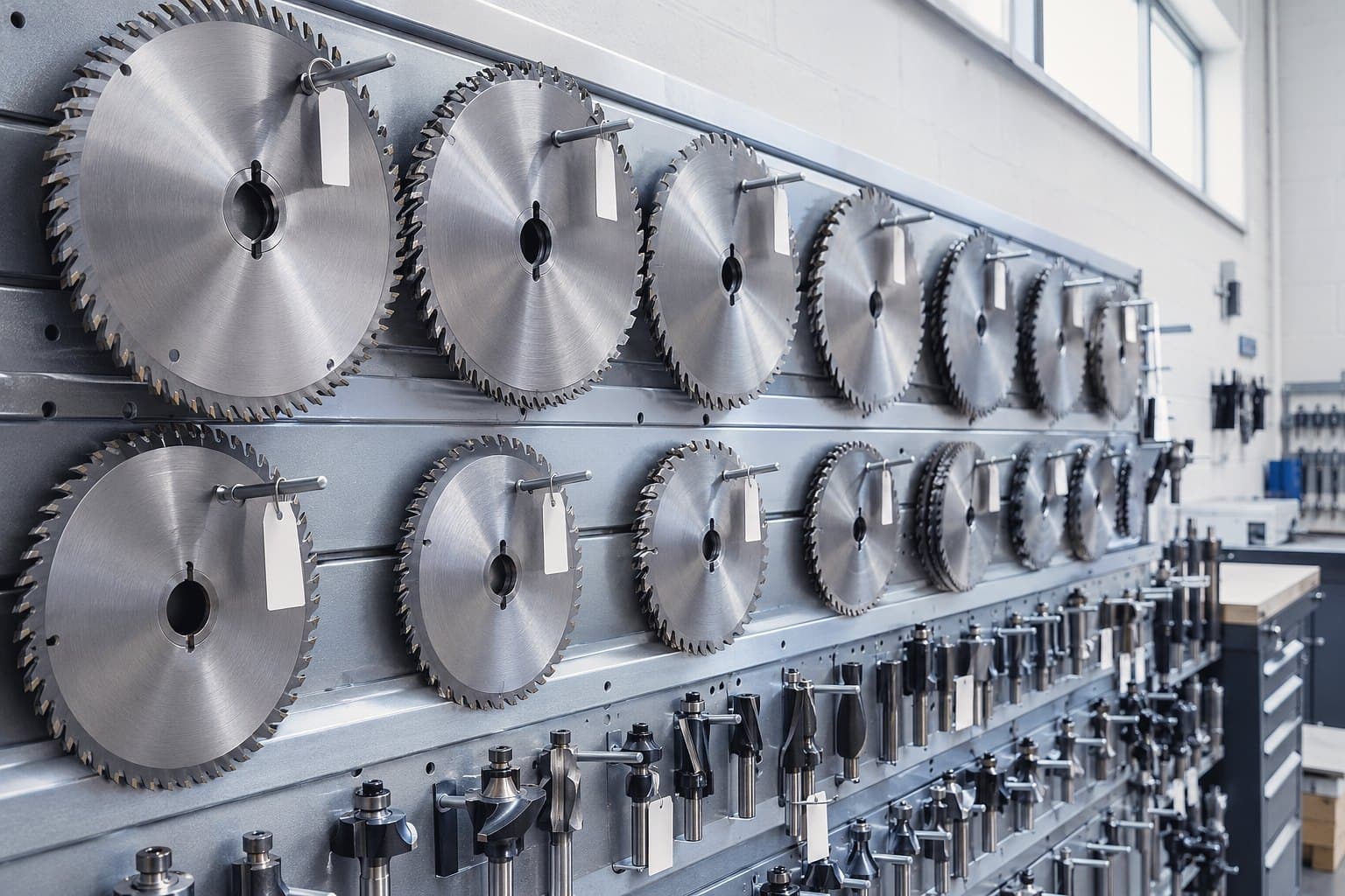 A workshop wall of circular saw blades and router cutters on pegs, each with a blank tag