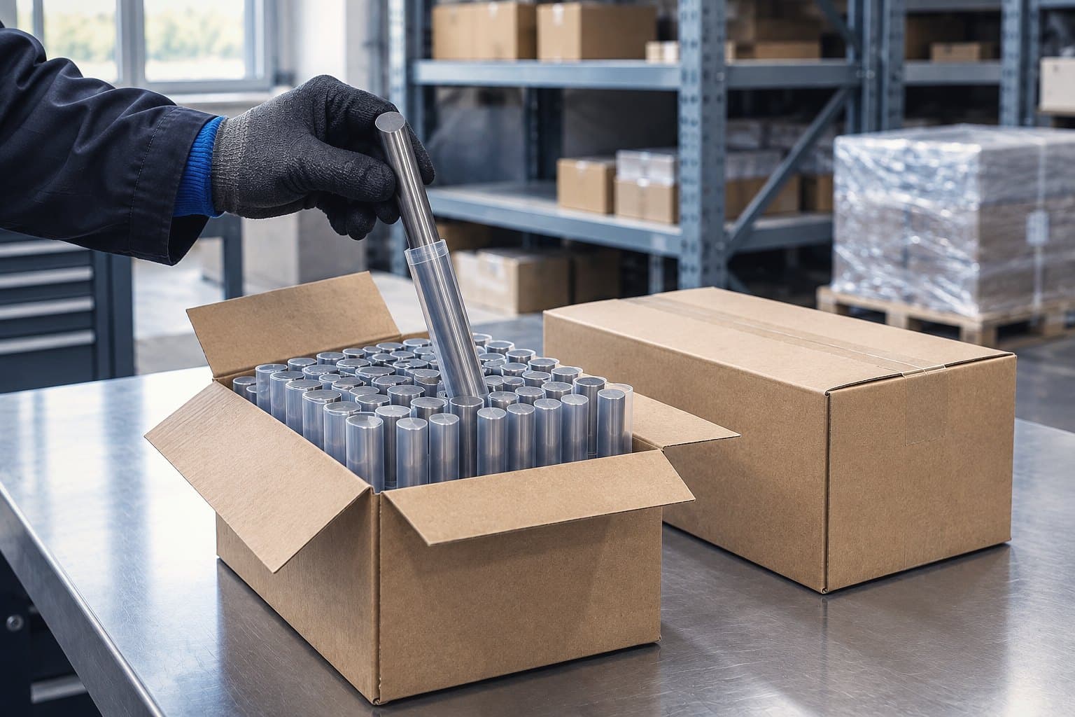 A gloved hand lifting a carbide rod from an opened carton on a goods in bench