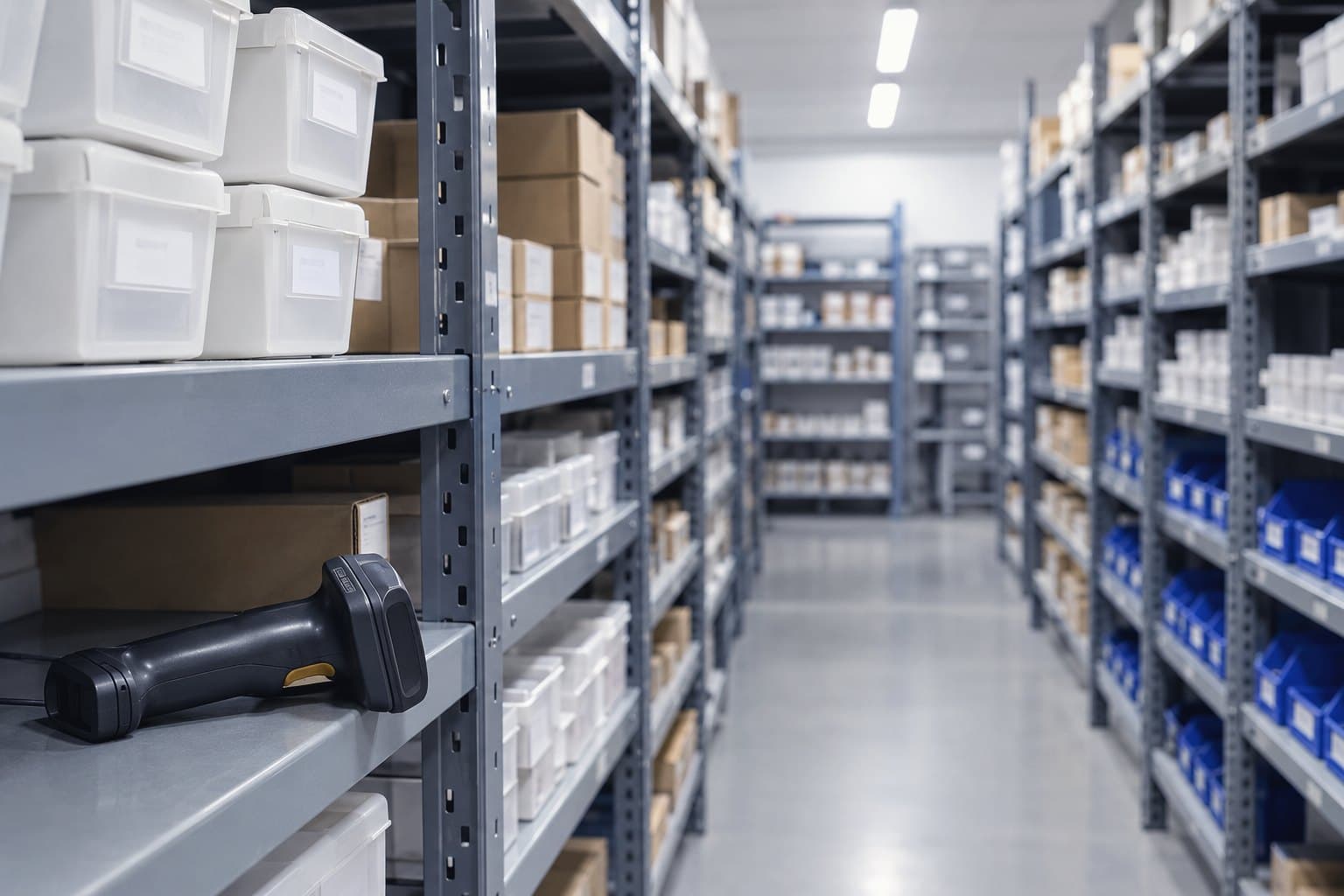 An aisle of stores racking with parts bins, a handheld barcode scanner resting on a shelf