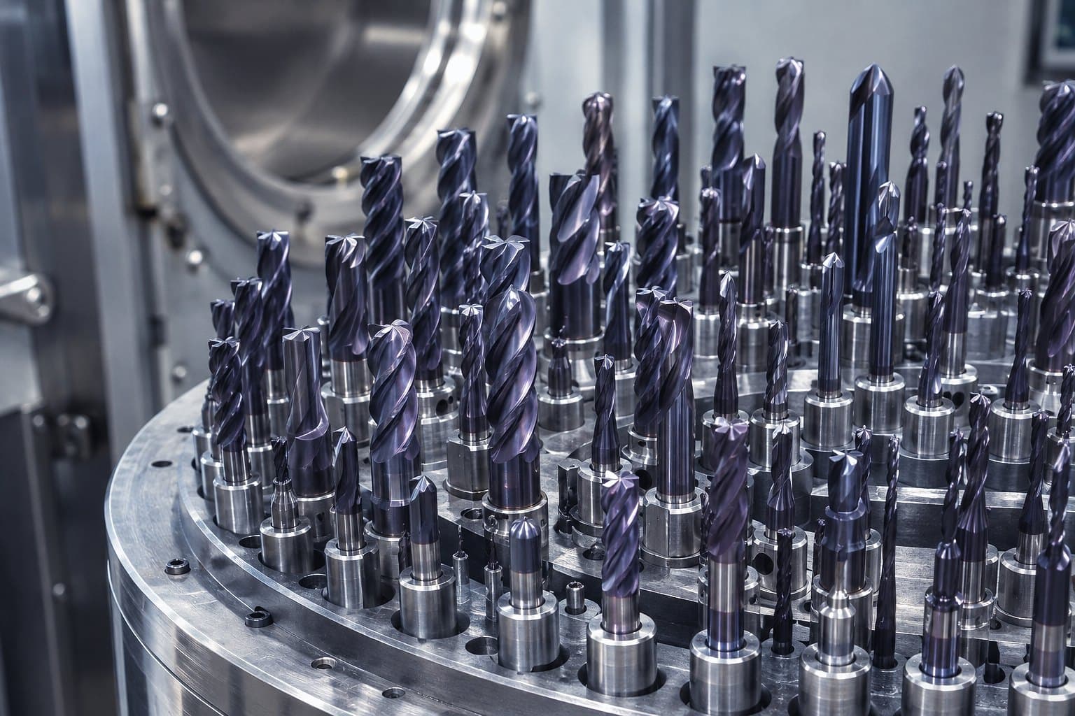 A coating fixture loaded with rings of dark coated end mills and drills