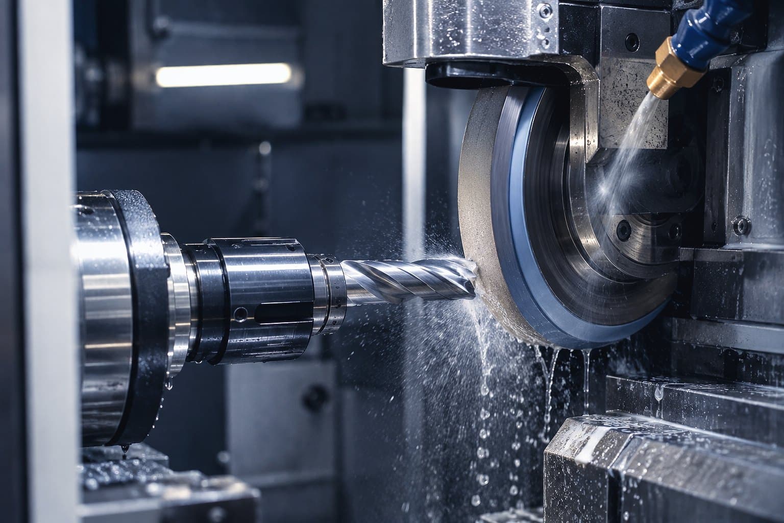 A diamond wheel grinding the flute of a carbide end mill under coolant inside a tool grinder