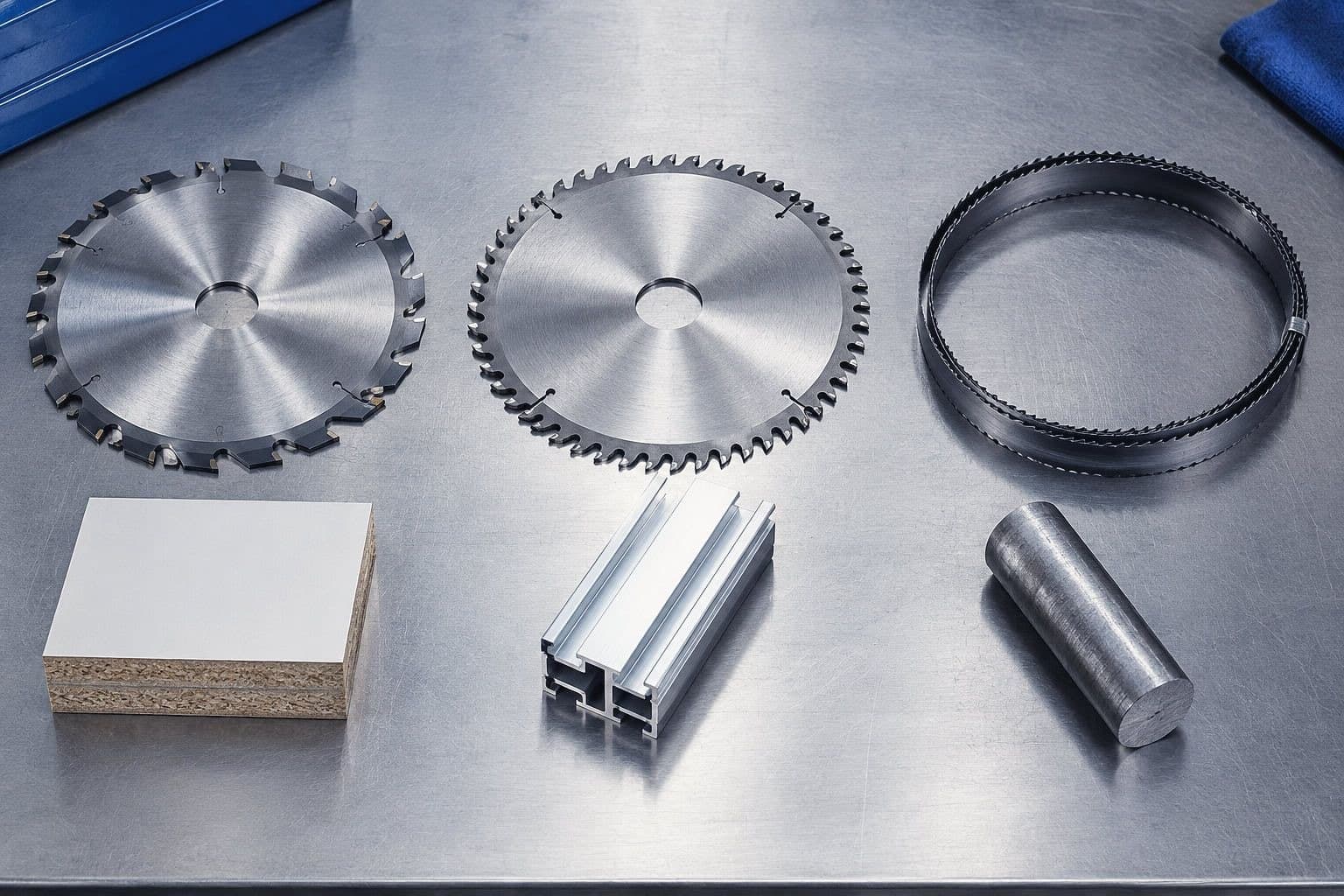 A PCD saw blade, a carbide tipped saw blade and a bandsaw blade above panel, aluminium and steel offcuts