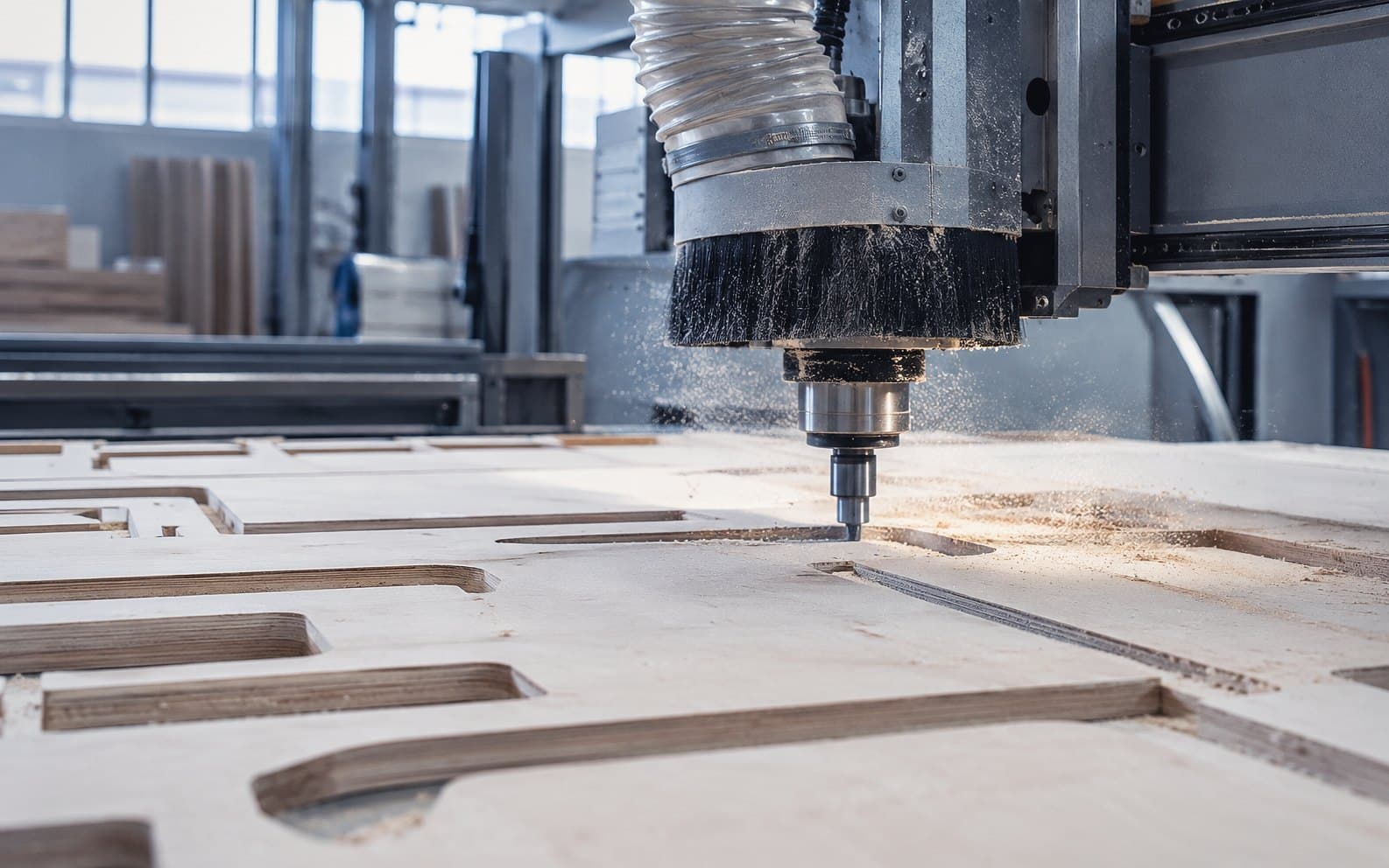 A CNC nesting router cutting parts from a plywood sheet under a dust extraction hood