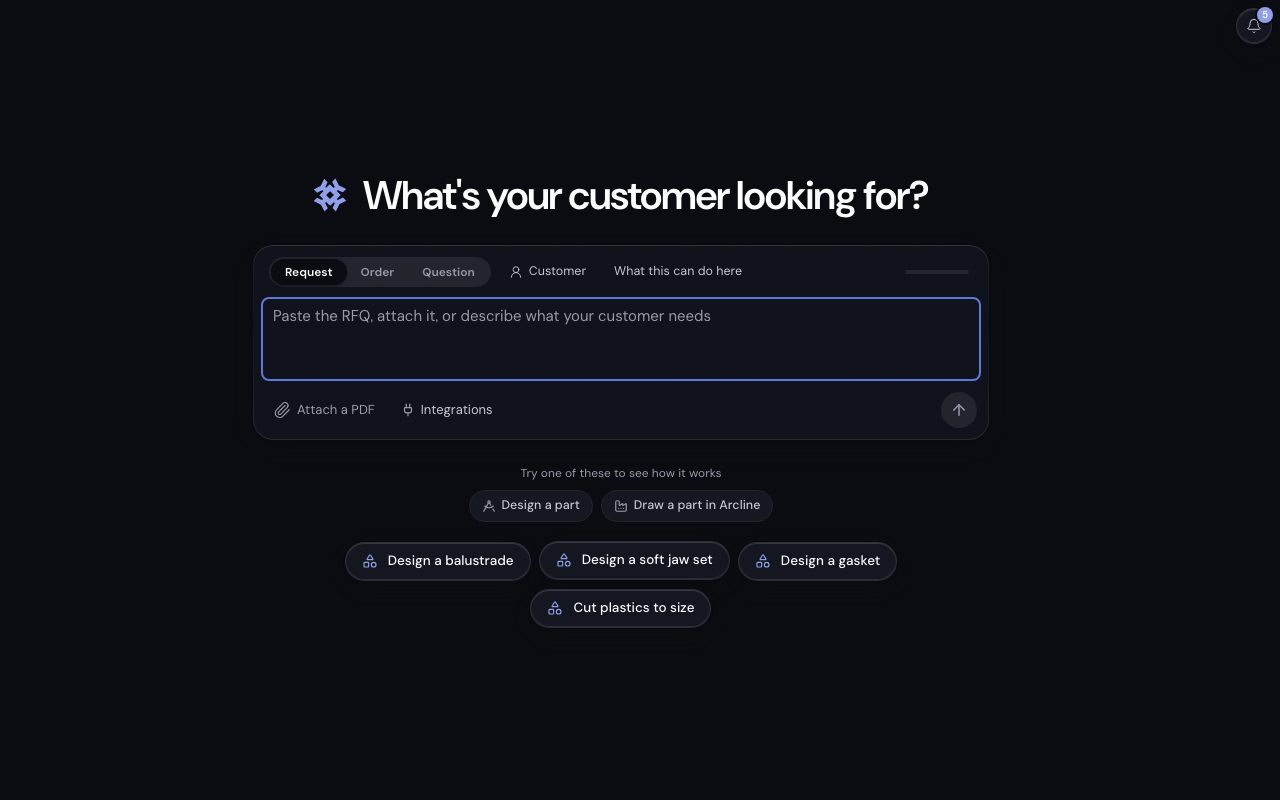 The AI area in a new workspace: the one input with its Request, Order and Question modes, and the suggested starts below.
