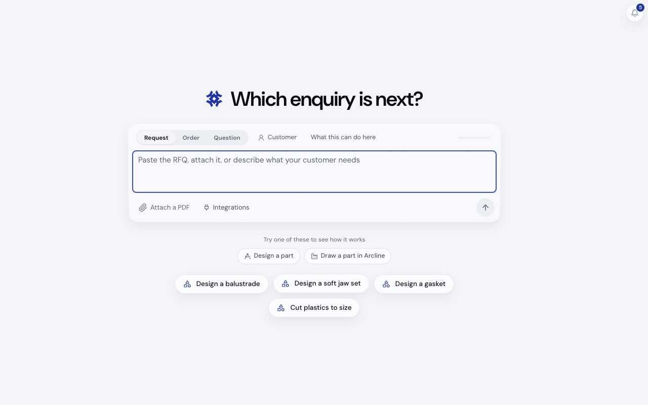 The AI area in a new workspace: the one input with its Request, Order and Question modes, and the suggested starts below.
