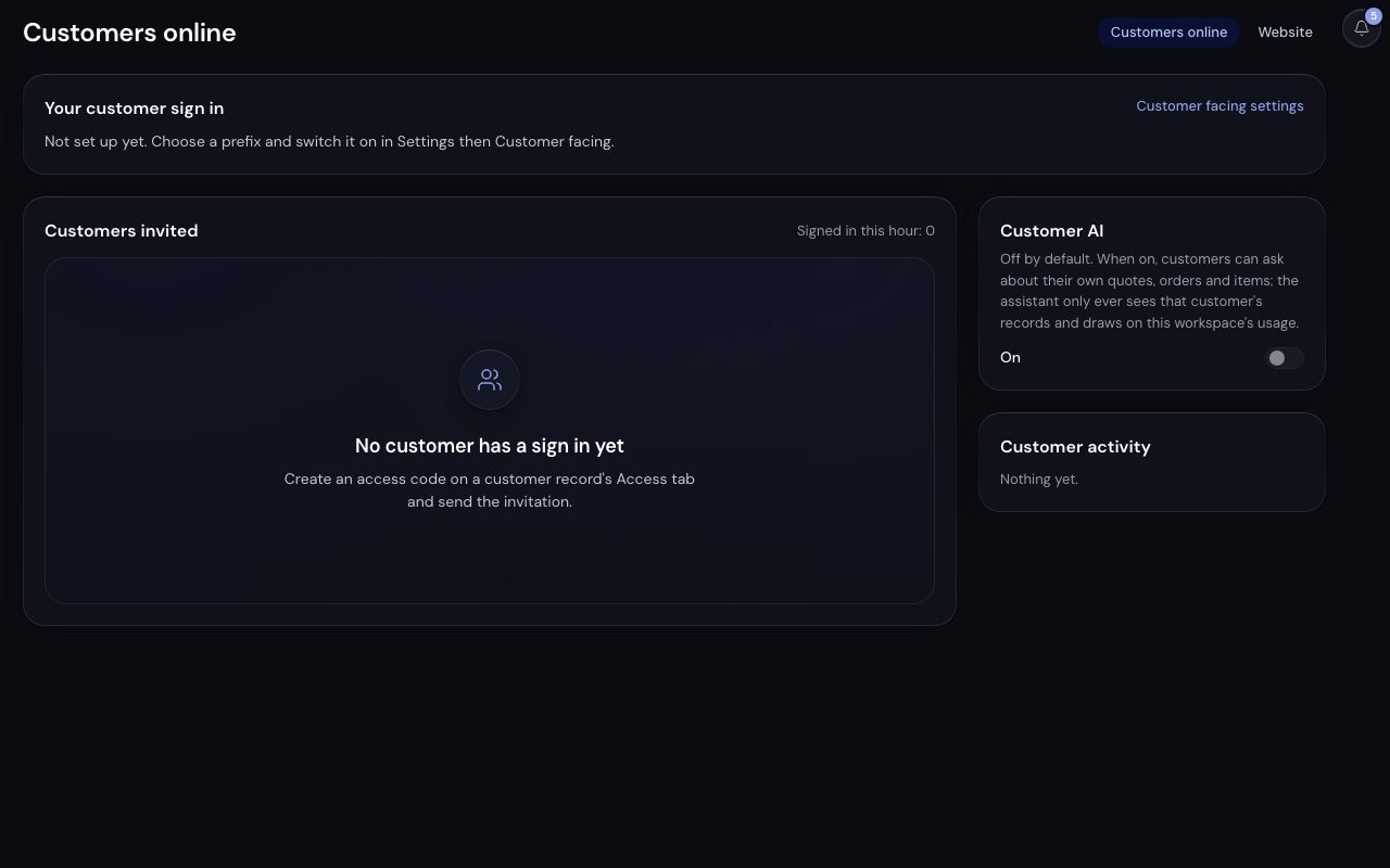 The Commerce workbench on its Customers online view before set up: the sign in not yet switched on, no customer invited and the customer AI off.