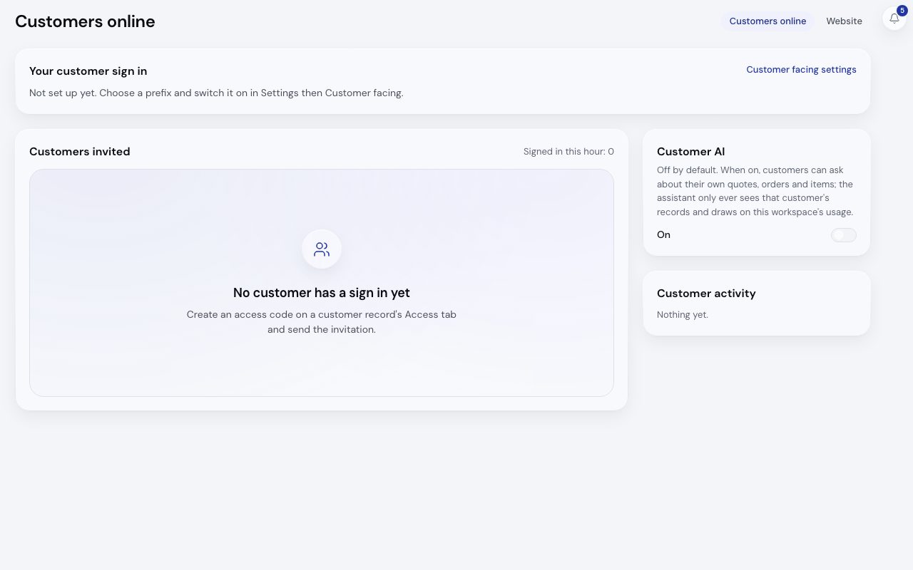The Commerce workbench on its Customers online view before set up: the sign in not yet switched on, no customer invited and the customer AI off.