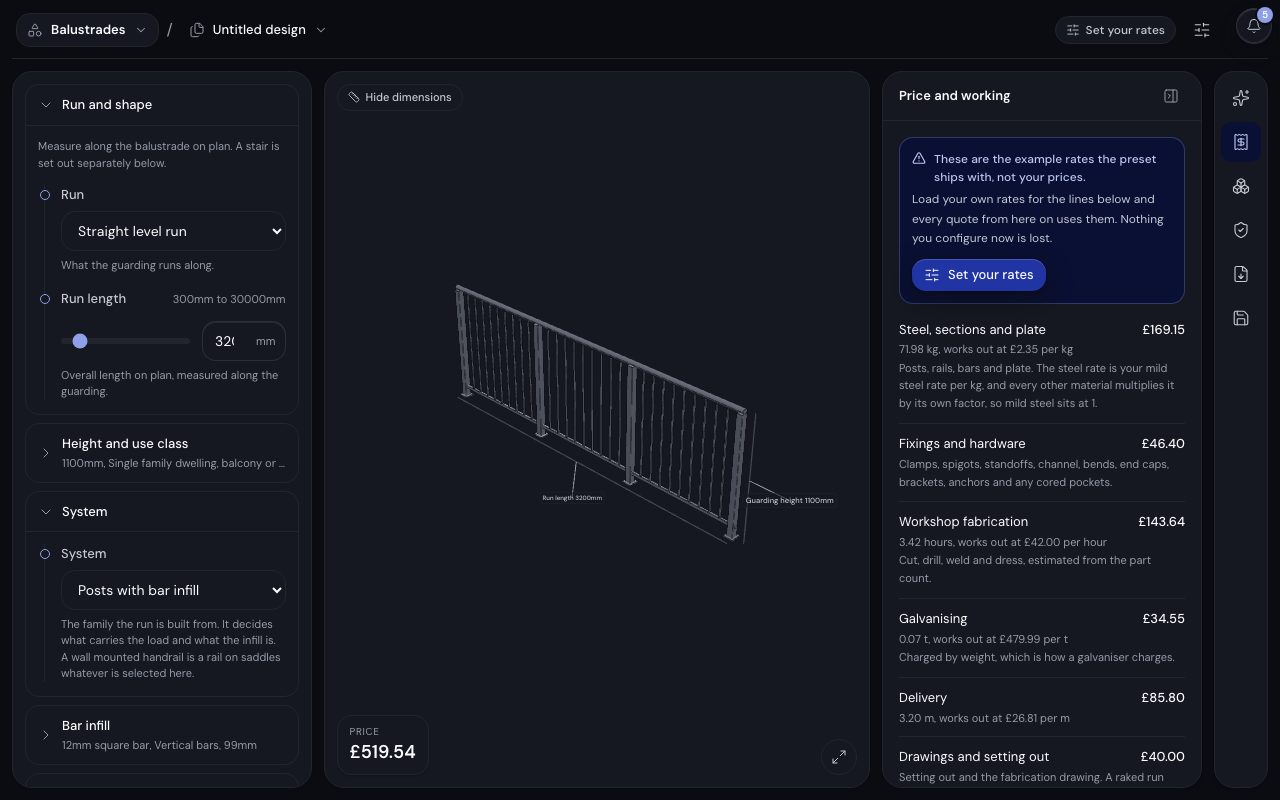 The Design workbench on the balustrade design module: the parameters, the 3D model of the run and the price with its working at the preset's example rates.