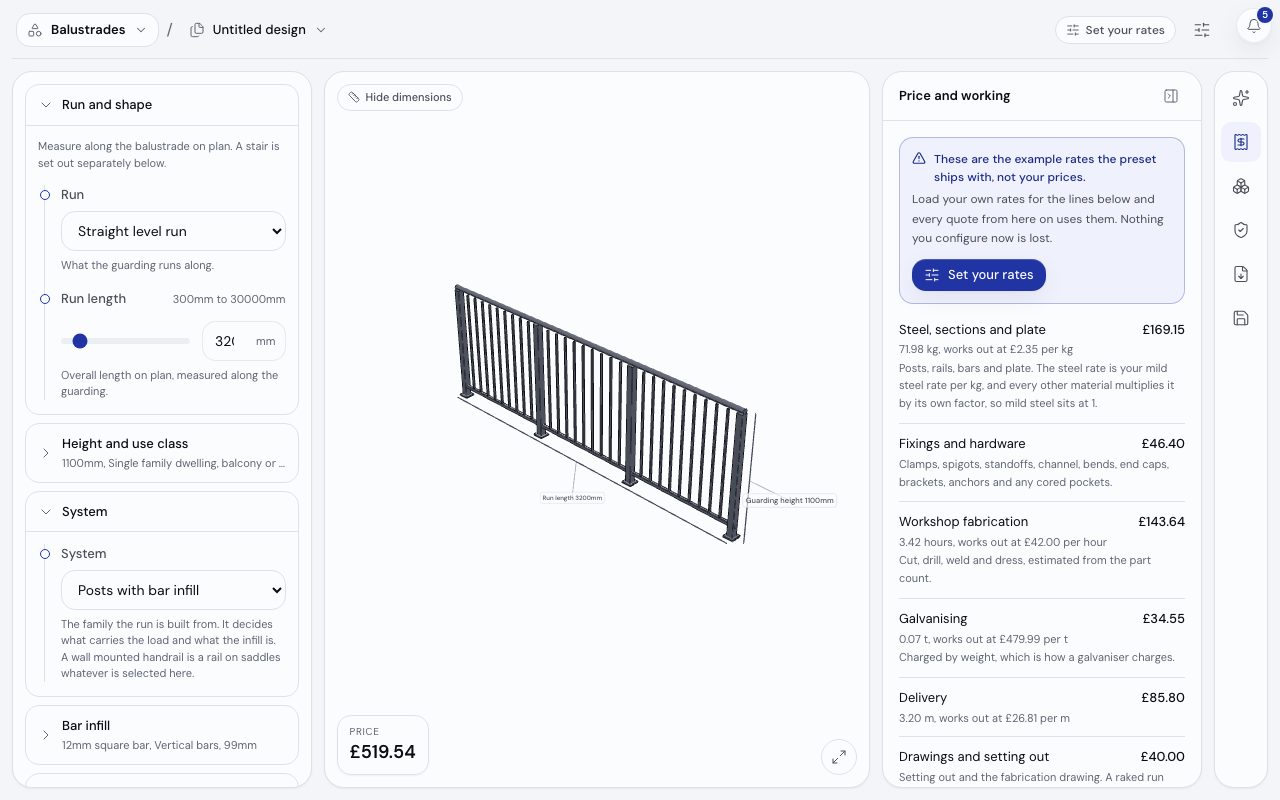 The Design workbench on the balustrade design module: the parameters, the 3D model of the run and the price with its working at the preset's example rates.