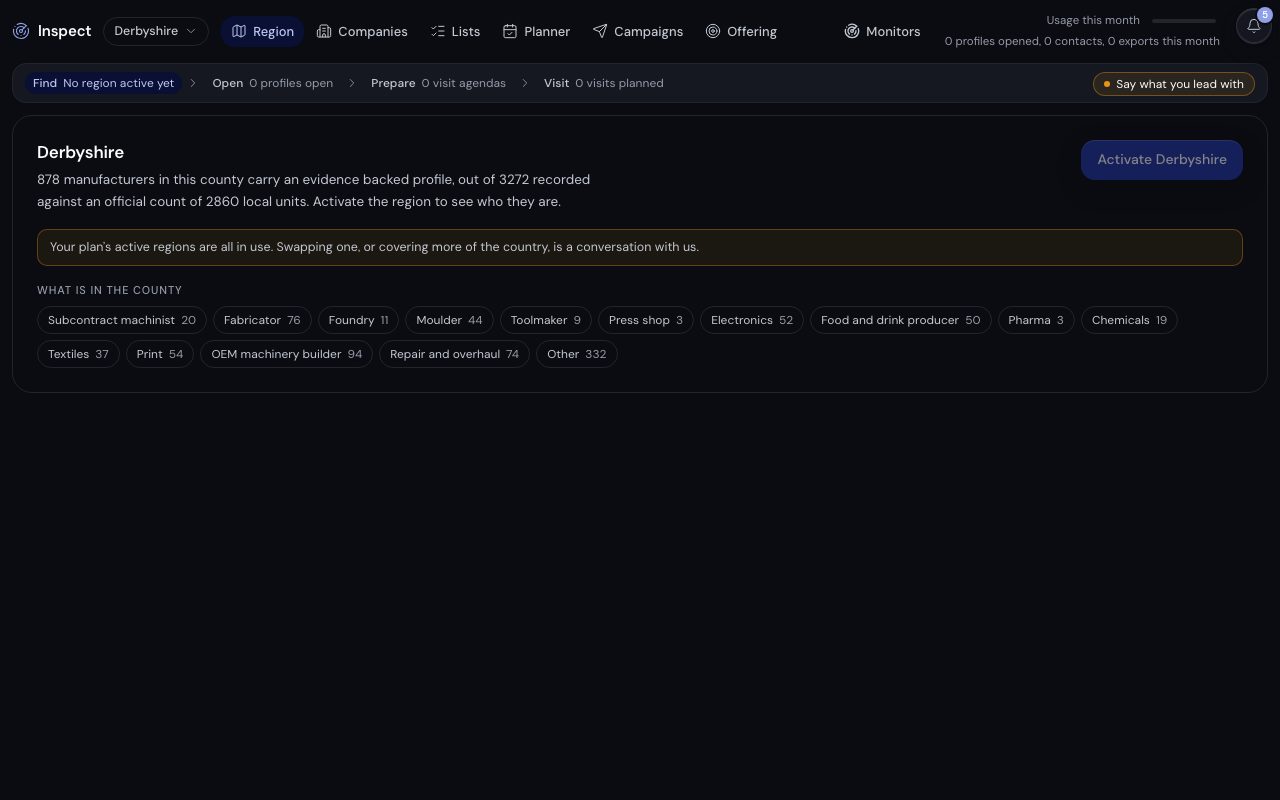 The Inspect workbench on its Region view: a county's summary and what is in it by trade, before a region is activated.