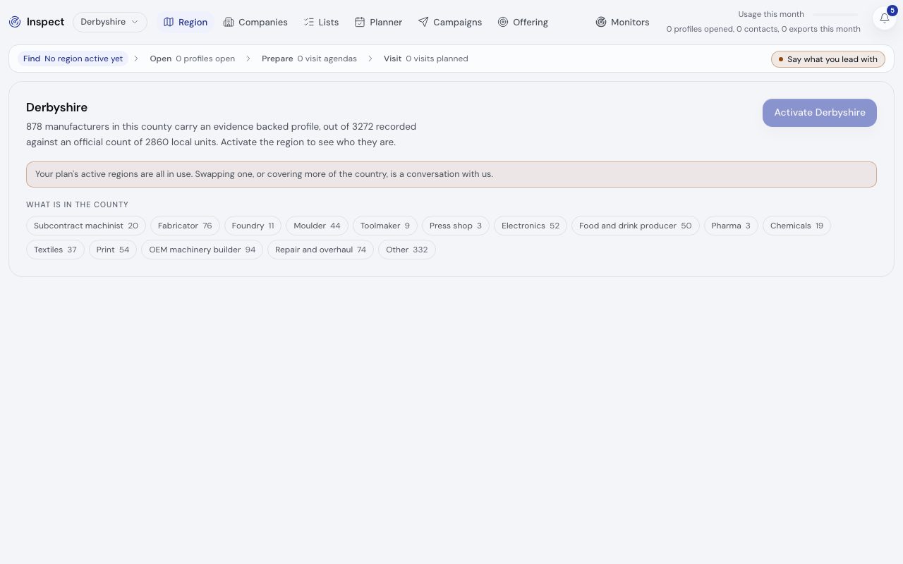 The Inspect workbench on its Region view: a county's summary and what is in it by trade, before a region is activated.
