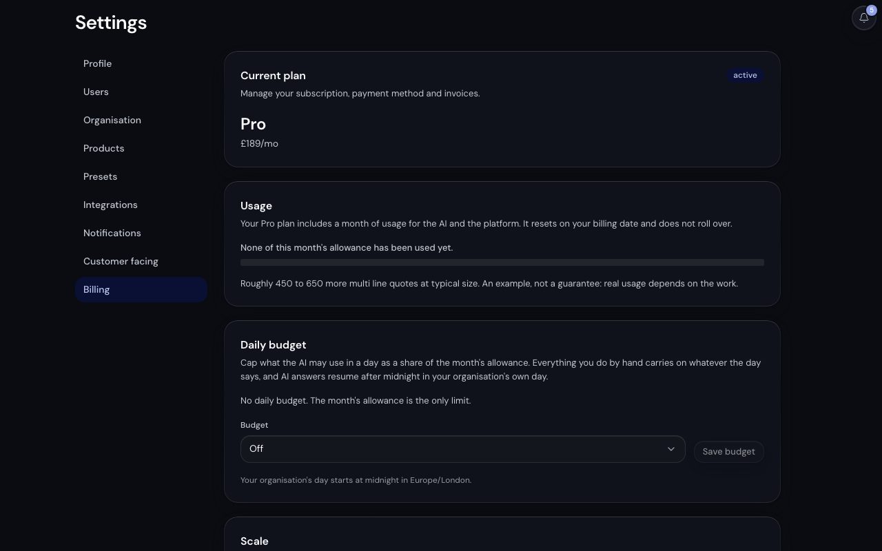 Settings then Billing: the current plan, the usage bar for the month and the daily budget.