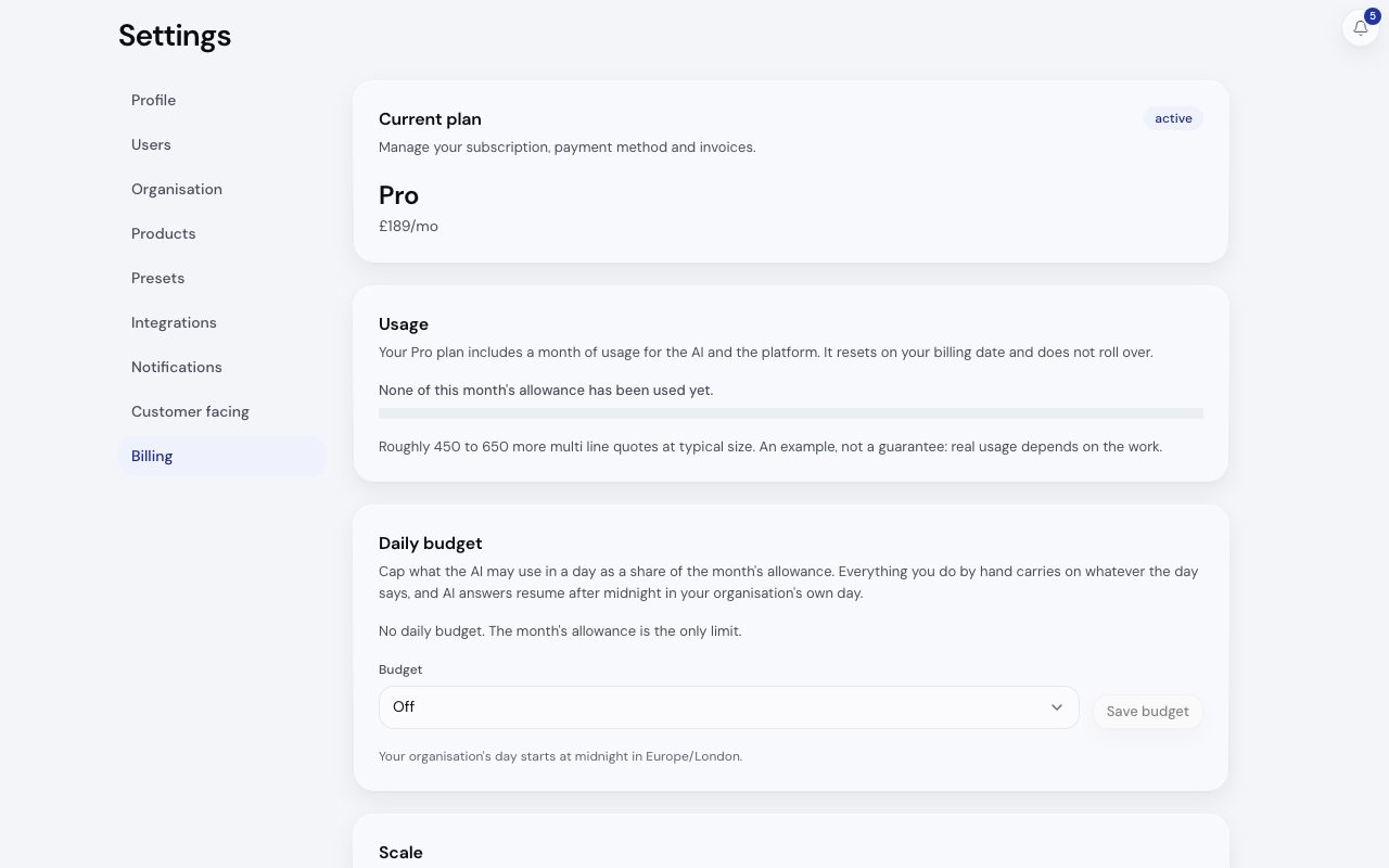 Settings then Billing: the current plan, the usage bar for the month and the daily budget.