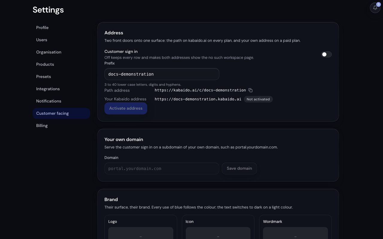 Settings then Customer facing: the customer sign in switch, the prefix with the path address and the Kabaido address, your own domain and the brand.