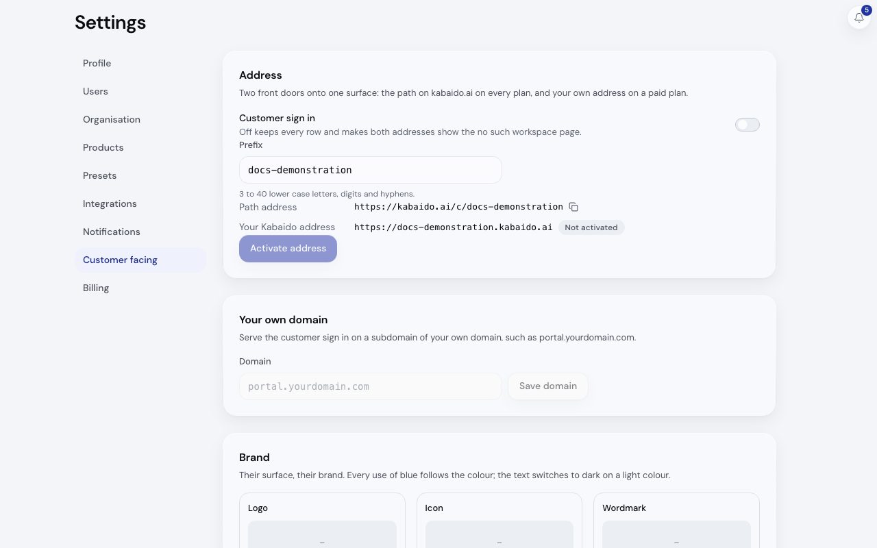 Settings then Customer facing: the customer sign in switch, the prefix with the path address and the Kabaido address, your own domain and the brand.