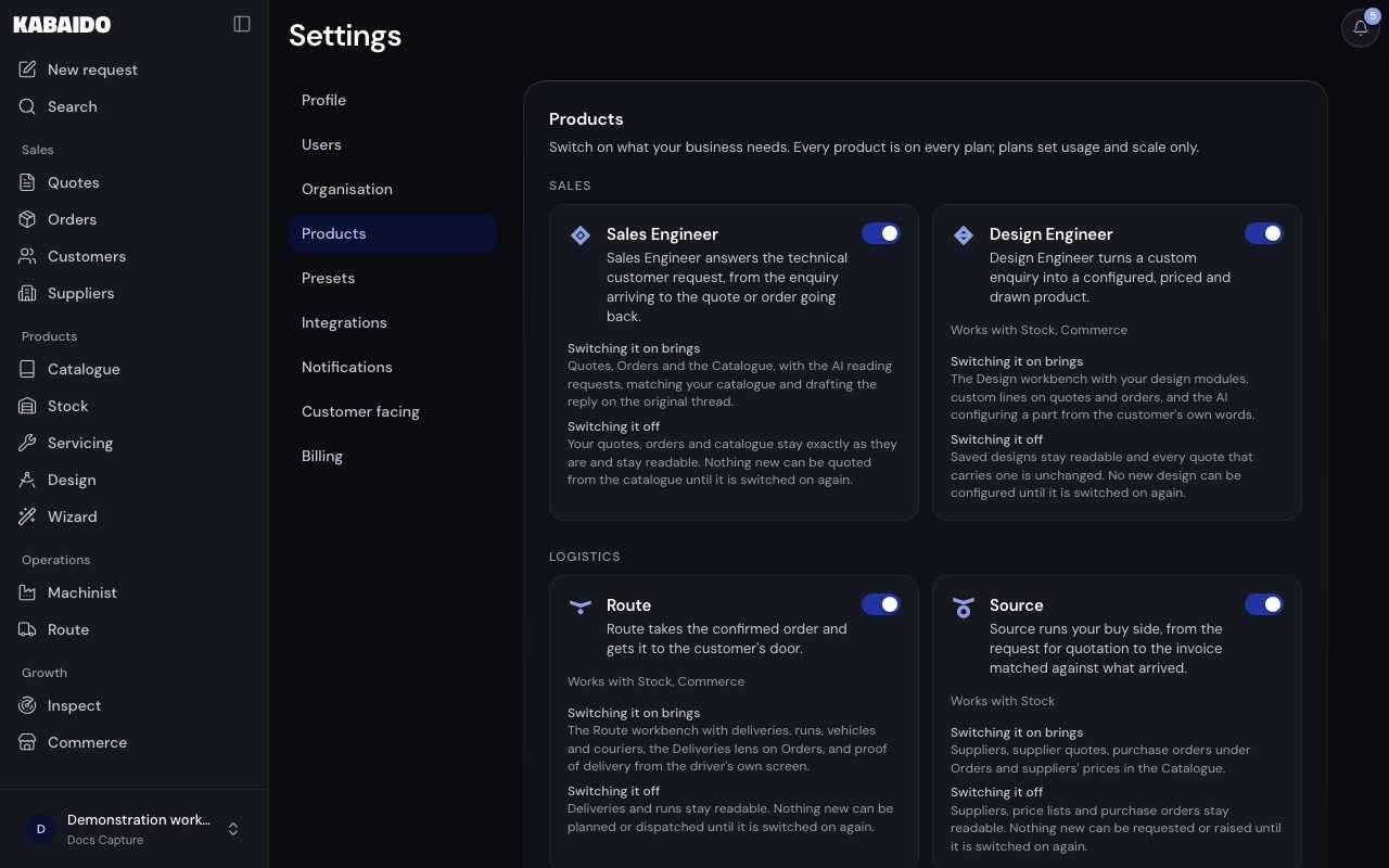 Settings then Products: a card per product with its first sentence and its switch.