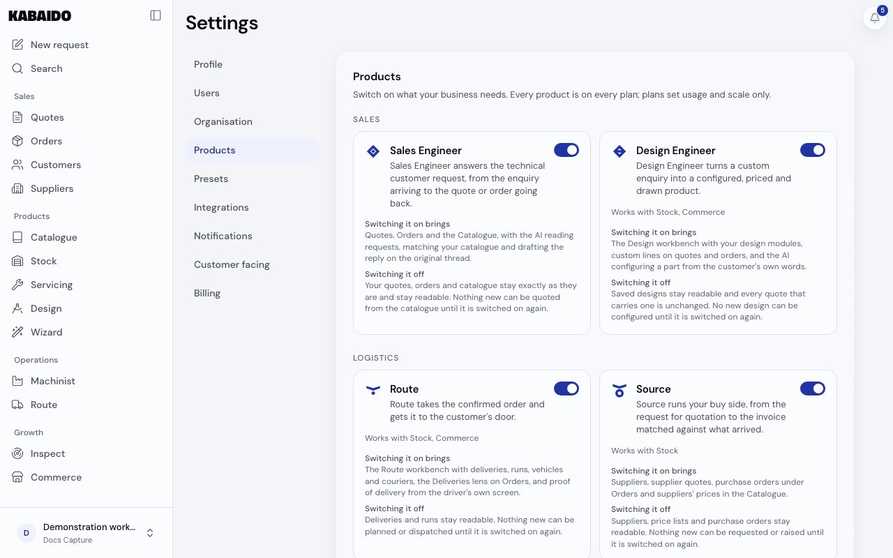 Settings then Products: a card per product with its first sentence and its switch.